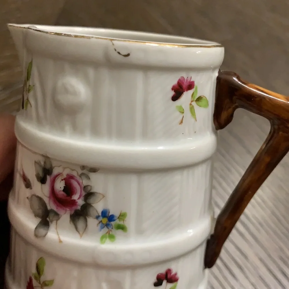 Bone China with faux bois handle with floral barrel creamer pitcher